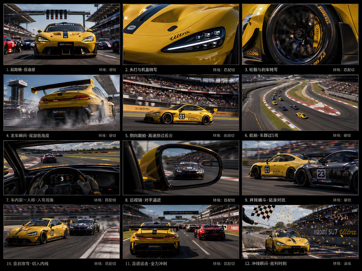12-Panel Xiaomi SU7 Ultra Racing Storyboard example image