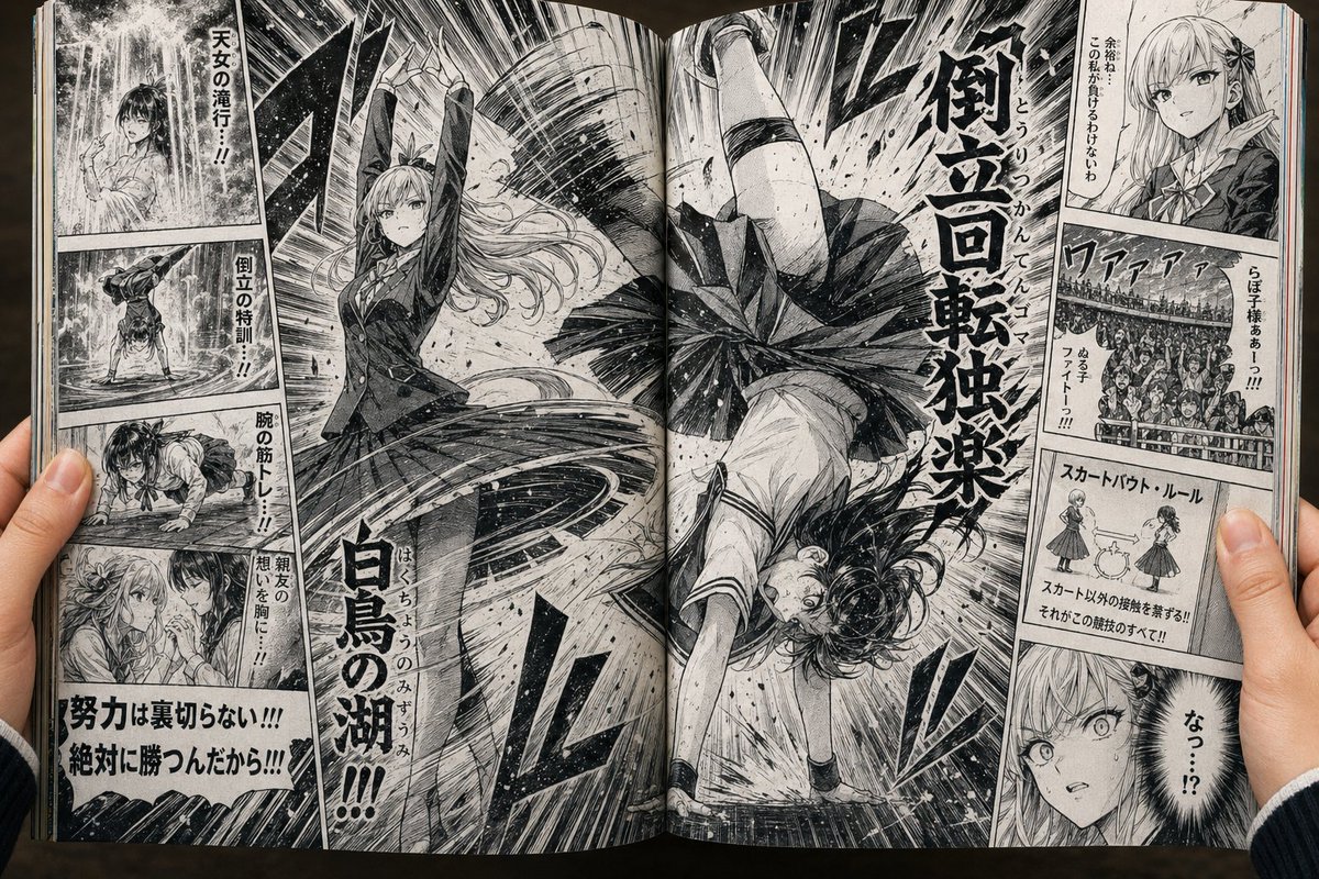 Fictional Skirt-Battle Manga Spread example image
