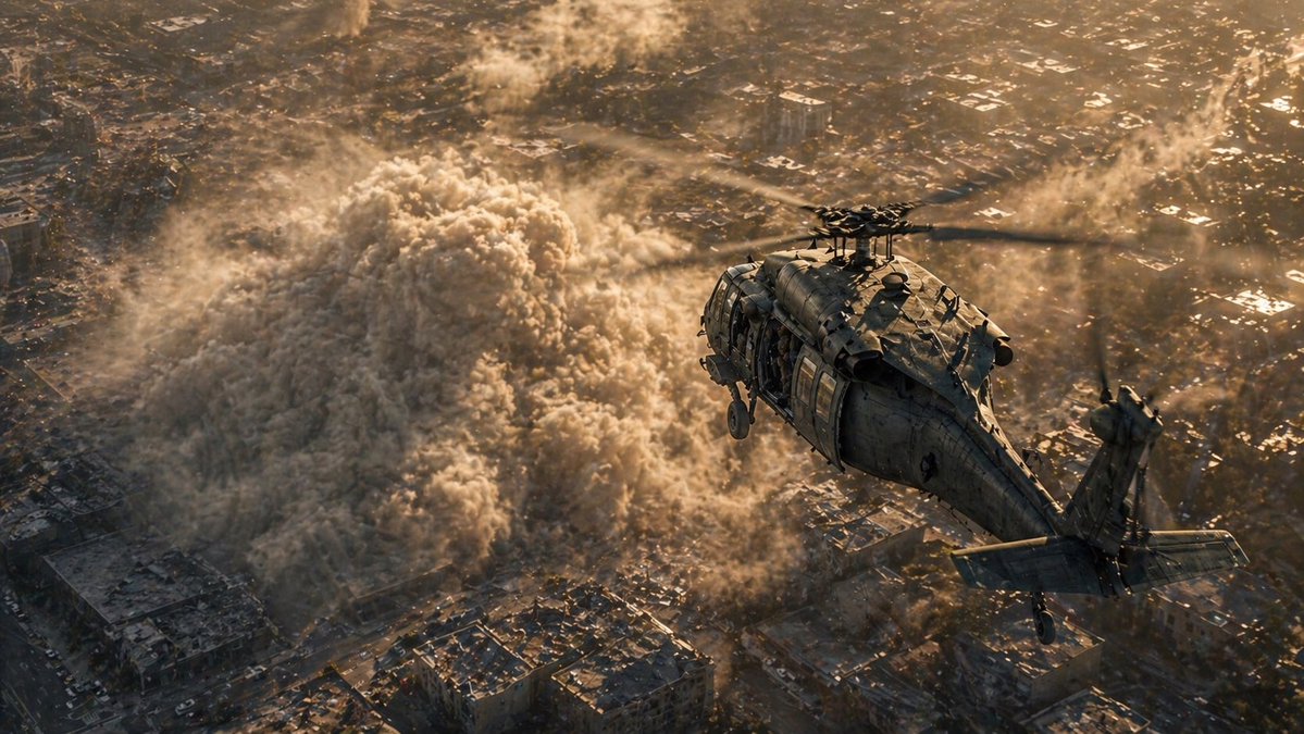 Helicopter Over Urban Dust Cloud example image