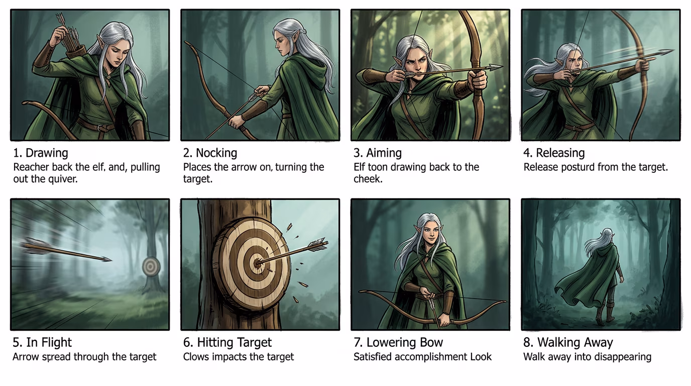 Elf Archer Action Sequence Storyboard example image