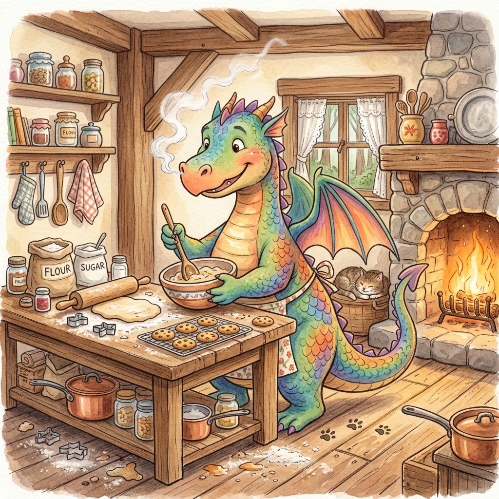 Friendly Dragon Baking Cookies Illustration example image